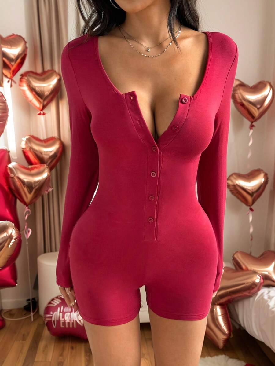 SHEIN Unity 女士半开前扣领长袖短款连体裤，时尚简约休闲百搭日常穿着，春秋季