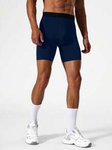Manfinity Sport PWRUP Men's Contrast Color Waistband Base Layer Shorts, Sports Tight Shorts - Navy Blue - View 5