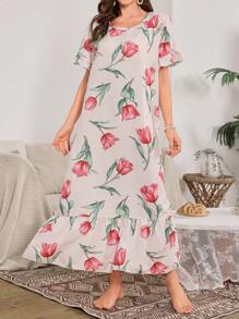 Ruched Peplum Hem Floral Print Long Nightgown - Multicolor - View 6
