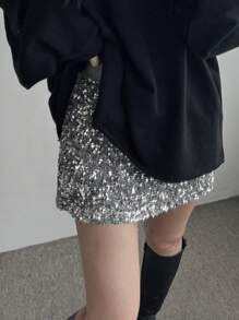 DAZY 女士亮片拼接A字裙，简约时尚休闲日常舞会裙，秋冬女裙新年嘉年华裙 - 灰色 - 查看 2