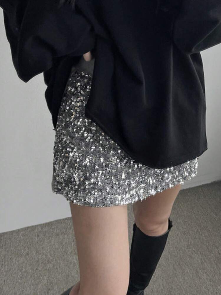 Women's Sequin Patchwork A-Line Skirt, Minimalist Fashion Casual Everyday Prom, Fall Winter Women Skirt New Years Women Carnival