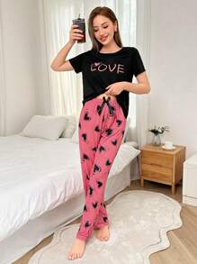 文字とハートプリントショートスリーブトップ&パンツ パジャマセット 2着入り - マルチカラー - チェックする 4