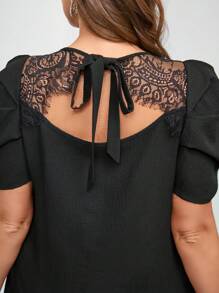SHEIN Clasi Elegant Lace Patchwork Plus Size Women Short Puff Sleeve Dress,Summer Outfits For Women, Vacation Outfits Woman,Summer Dresses For Women,Business Casual Woman,Going Out ,Office Wear Women,Spring Dresses For Women,Festival,Old Money , V Neck Dress,Dresses For Women Elegant,Classy Outfits For Women,Elegant Woman Clothing,Plus Size Dresses Elegant,Modest Dresses For Women,Modesty Clothes Women,Romantic Dresses - Black - View 1