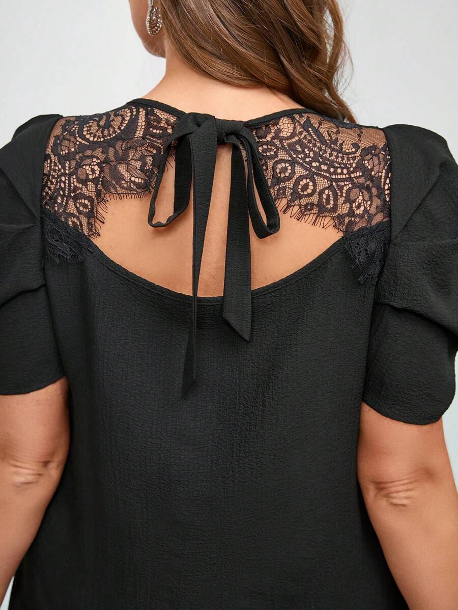 SHEIN Clasi Elegant Lace Patchwork Plus Size Women Short Puff Sleeve Dress,Summer Outfits For Women, Vacation Outfits Woman,Summer Dresses For Women,Business Casual Woman,Going Out ,Office Wear Women,Spring Dresses For Women,Festival,Old Money , V Neck Dress,Dresses For Women Elegant,Classy Outfits For Women,Elegant Woman Clothing,Plus Size Dresses Elegant,Modest Dresses For Women,Modesty Clothes Women,Romantic Dresses - Black - View 1