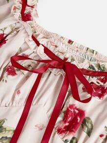 Girlism Teen Girl Teen Girl Rose Flower Contrast Color Panglică Cravată Mâneci bufante Gâtul cu volan Rochie, potrivită pentru vacanțe, sărbători, absolvire, petrecere, prânz