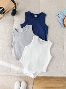 SHEIN Leap Crew 3pcs/Set Baby Boy & Baby Girl Solid Color Knitted Sleeveless Bodysuit Set - Multicolor - View 3