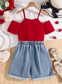 Tween Girls Open Shoulder Strap & Embroidered Strawberry Denim Shorts Set - Red - View 2