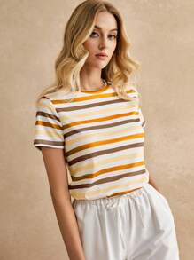 Poéselle Women's Striped Print Crew Neck Short Sleeve Casual T-Shirt