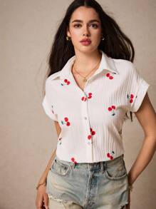 Poéselle 女夏樱桃蝙蝠袖衬衫宽松夏装衬衫夏季衬衫短袖衬衫女衬衣 - 白色 - 查看 1