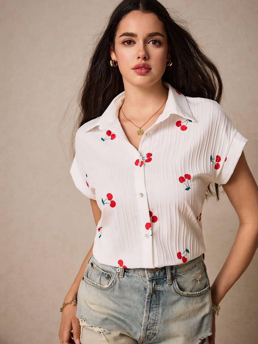 Poéselle 女夏樱桃蝙蝠袖衬衫宽松夏装衬衫夏季衬衫短袖衬衫女衬衣 - 白色 - 查看 1