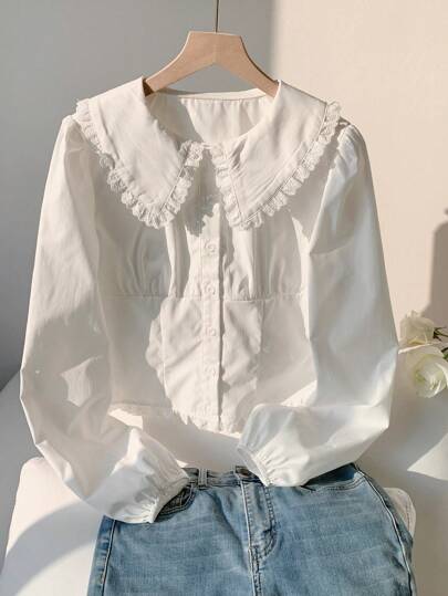 Comfortcana Plus Size Women Elegant Embroidered Single-Breasted Ruffle Collar Lantern Sleeve Blouse, Autumn/Winter Ruffle Shirt