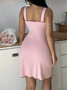 Camisón de mujer con bloqueo de color, decoración de lazo y abertura, camisón estilo babydoll con lazo