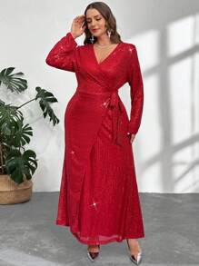 SHEIN Privé 大码 V 领裹身亮片开衩连衣裙，适合派对，秋冬季