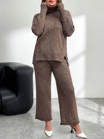 SHEIN Privé 大码优雅通勤和家居粗针织长袖套头衫，带侧开衩和卷边毛边阔腿裤
