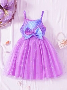 SHEIN Elladie kids 年轻女孩舞会礼服夏季时尚吊带美人鱼礼服，蝴蝶结亮片网眼度假生日公主裙 - 紫色 - 查看 3