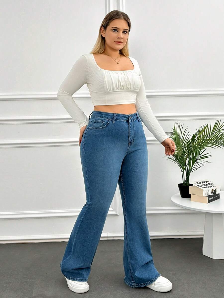 SHEIN Cottnline Plus Size Front Button Pocket Enkla Casual Byxor - Mediumtvätt - Visa 1