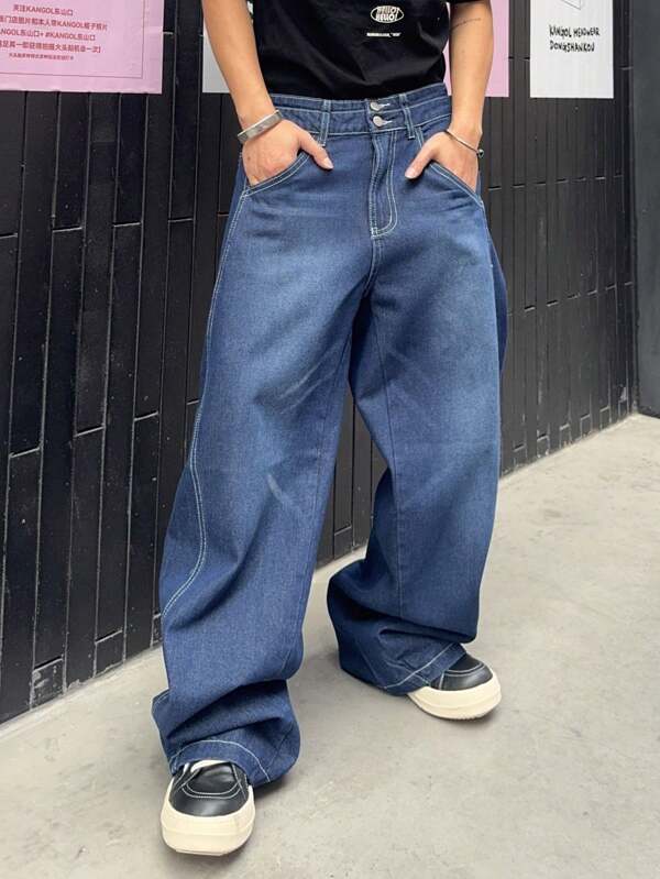 Manfinity CasualKnits Men's Casual Loose Washed Wide Leg Jeans