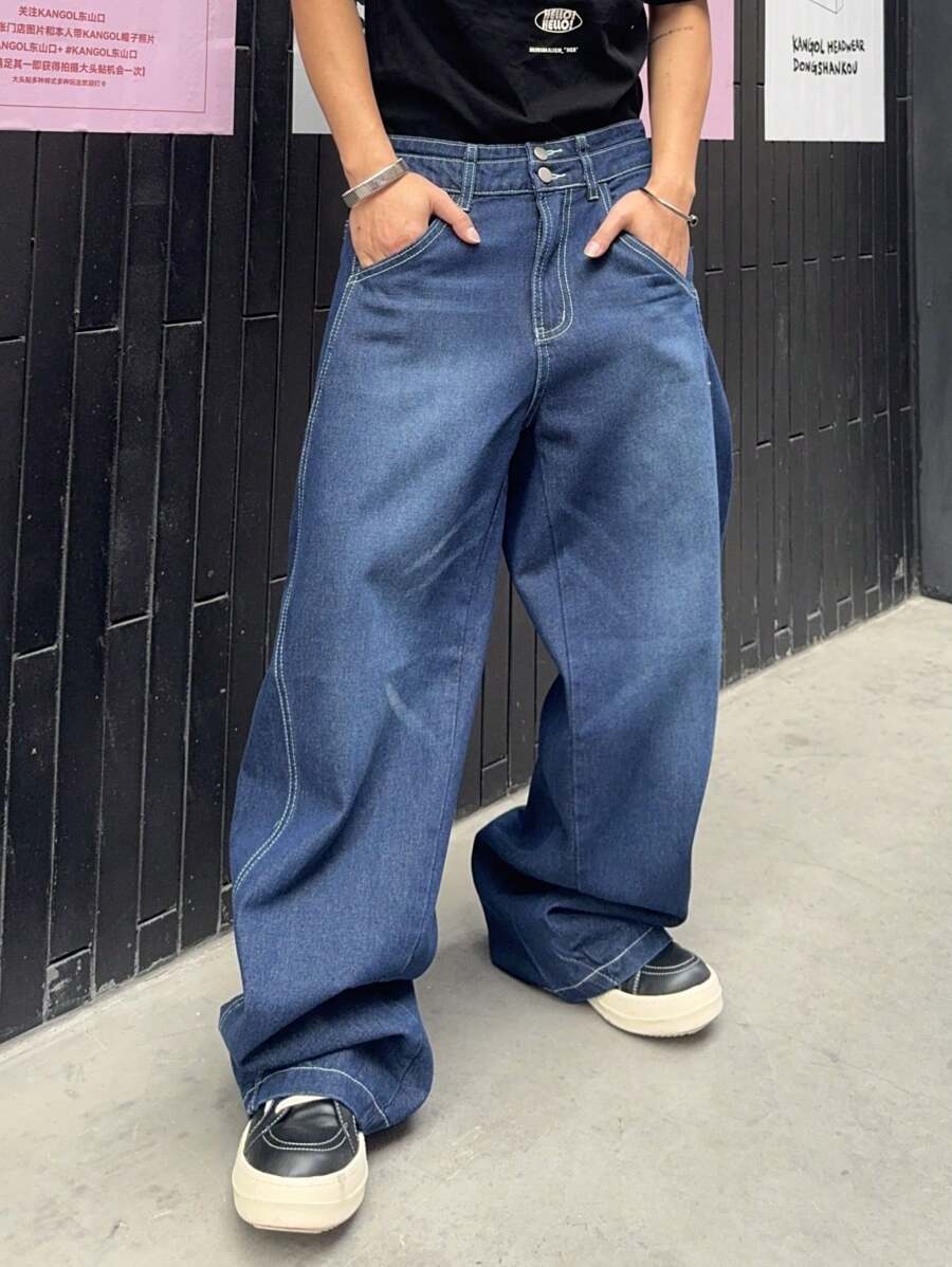 Manfinity CasualKnits Men's Casual Loose Washed Wide Leg Jeans - Dark Wash - View 1