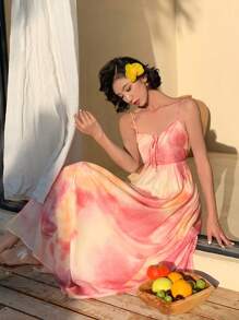 DAZY Women Tie-Dye Print Drawstring Front Strap Mid-Calf Casual Dress