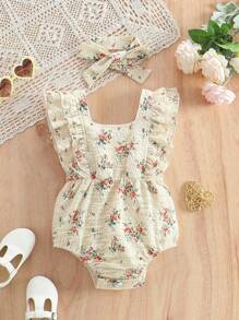 Baby Girls' Ruffle Hem Floral Print Bodysuit With Headband - Apricot - View 1