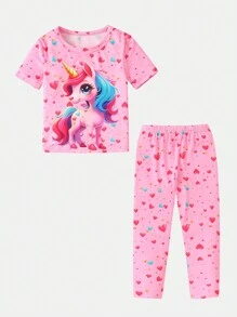 2pcs/Set Young Girl Cute Heart & Unicorn Print Short Sleeve T-Shirt And Pants Set, Glow In The Dark, Suitable For Outdoor Wear Summer Holiday