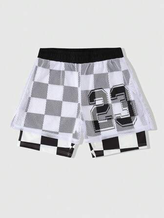 Prep Pantaloncini da uomo in rete con motivo a scacchiera, effetto 2 in 1, adatti per la primavera/estate