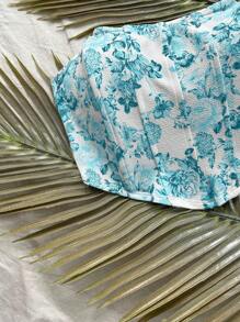 Soleia 女士水彩花卉印花弹力面料露肩夏季度假连衣裙适合毕业季和婚礼季 - 藍色 - 查看 4