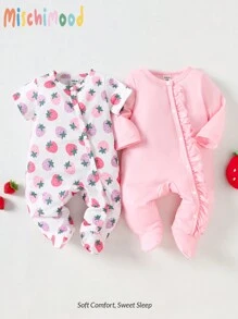 2pcs/Set Newborn Baby Cute Strawberry Print Comfortable & Easy To Wear Long Sleeve Footed Romper, Fashionable Sleepwear - Pink - View 1