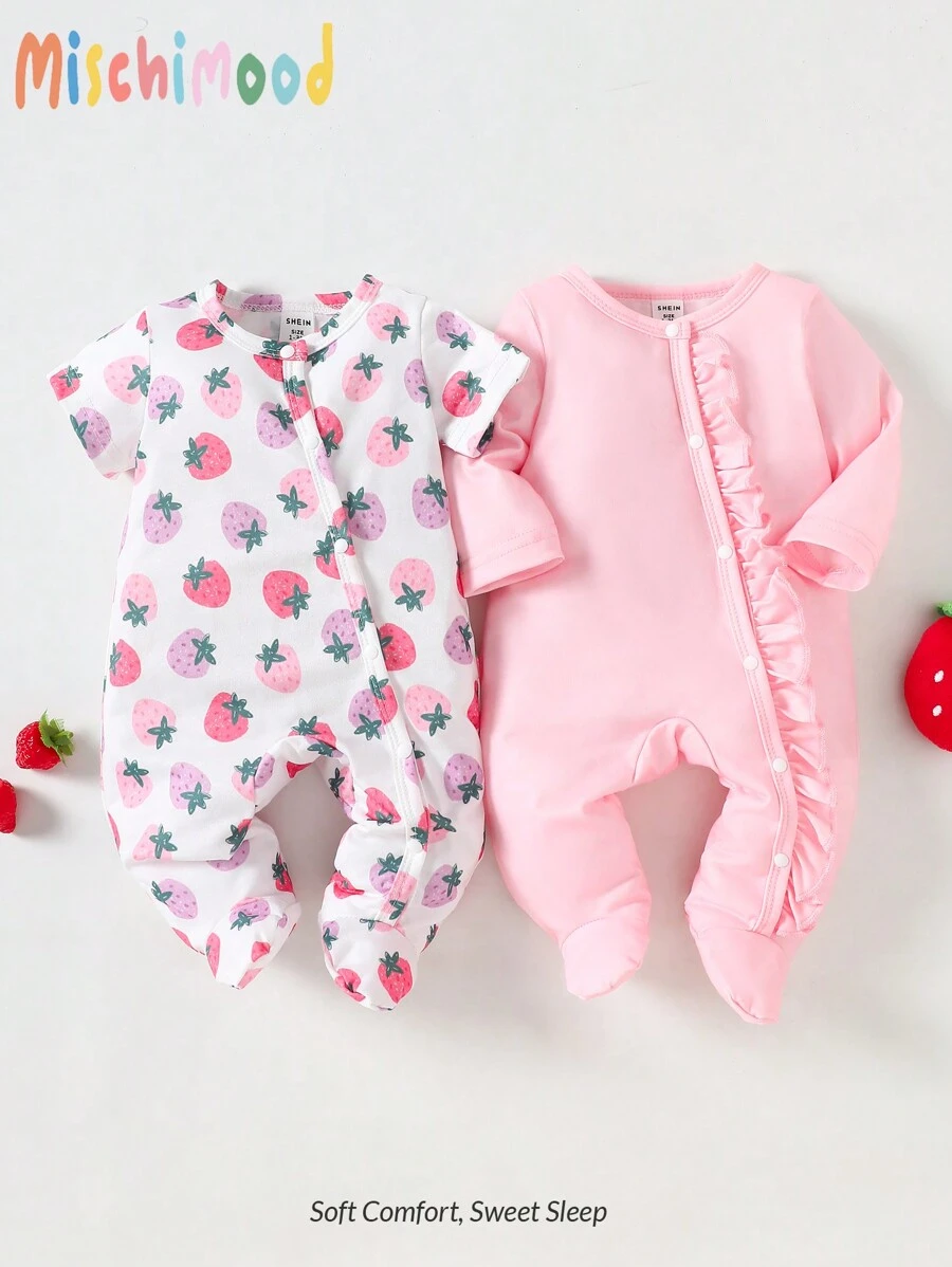 2pcs/Set Newborn Baby Cute Strawberry Print Comfortable & Easy To Wear Long Sleeve Footed Romper, Fashionable Sleepwear - Pink - View 1