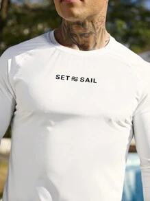 Manfinity Swimmode 2pcs Men Letter Print Long Sleeve Shirt & Shorts Swimsuit Set Men Swim Trunks, Rashguard Men, Long Sleeve Swim Shirt, Swim Shirt For Men, Surf Shirt, Men S Long Sleeve Summer T Shirts Good Quality Tshirt - White - View 6