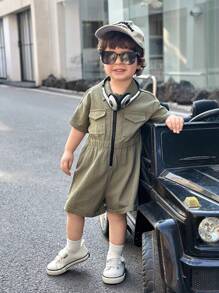 SHEIN Leap Crew 新生儿男童休闲韩版可爱军绿色短袖连体衣夏季 - 彩色 - 查看 4