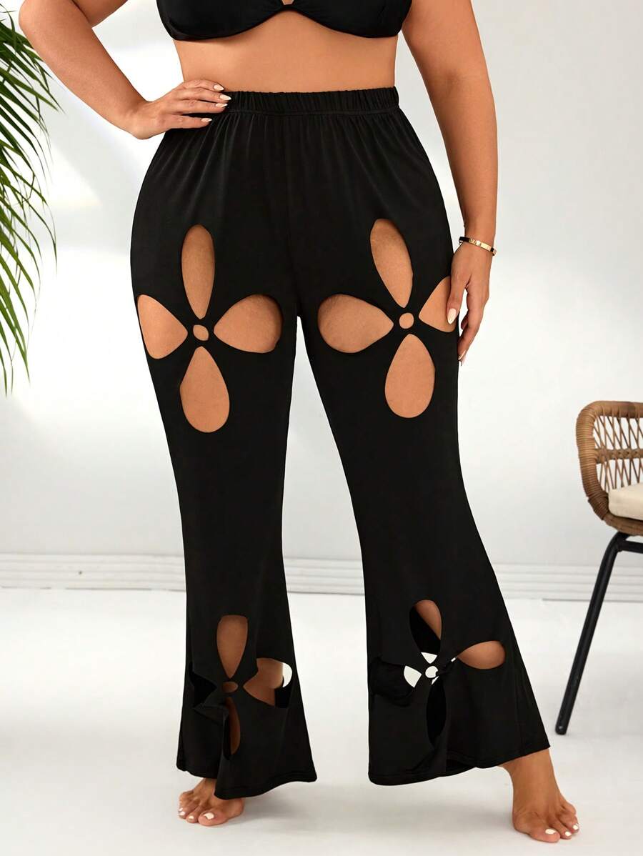 SHEIN Swim Curve 1pc Plus Size Women Hollow Flower Sexy Casual Vacation Beach Cover Up Pants For Summer Beach Vacation - Black - View 1