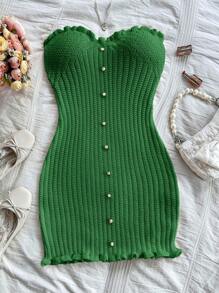 Soleia Sexy & Comfy Fitted Button-Front Ruffle Trim Knit Mini Dress - Green - View 3