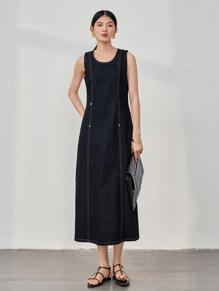 Casual Business Minimalist 3D Cut Waist Sleeveless Denim Dress For Women Maxi Dress