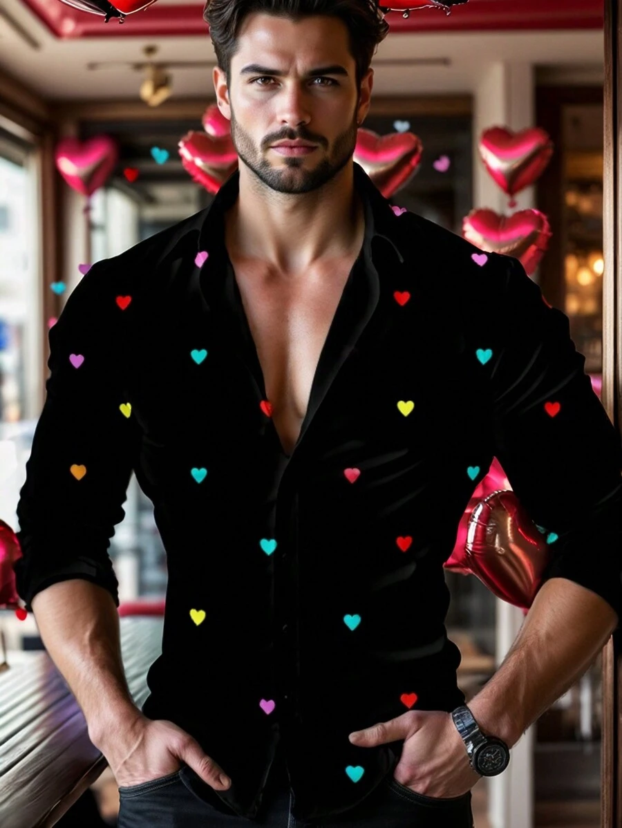 Manfinity VCAY 男士休闲心形印花长袖衬衫 - 黑色 - 查看 1