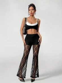 SHEIN PETITE Resort Knitted Lace High Waisted Flared Women's Trousers