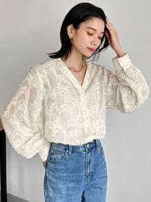 FRIFUL Women's Loose Fit Long Lace Embroidered Blouse Shirt