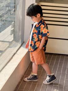 SHEIN 2pcs/Set Young Boys Hawaiian Flower Print Shirt & Shorts Set, Comfortable, Breathable, Cool & Moisture Wicking, Suitable For Spring/Summer, Daily, Sports, Outdoor, School, Party, Holiday, Photo Shooting, Back To School