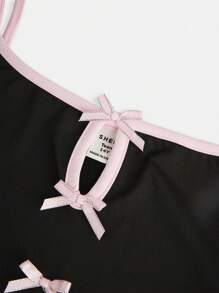 SHEIN Teen Girls' Elegant Colorblock Bowknot Decor Hollow-Out Strappy Dress With Sleeve Cuff - Black - View 8