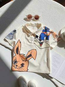 SHEIN 1 pezzo Polo shirt per ragazzi giovani con colletto alla coreana, motivo a coniglietto carino e comoda, adatta per uso quotidiano, scuola, uscite, sport, primavera/estate, in pile, spessa