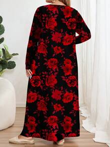 EMERY ROSE Váy cổ tròn dài tay in hoa hồng đỏ ngày lễ tình nhân cỡ lớn, phù hợp cho mùa thu đông - Nhiều màu - Xem 2