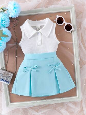 2 stuks babymeisje casual zomeroutfit - wit gebreide kraag top en blauwe afgeprijsde strik rok, comfortabel en schattig