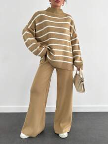 SHEIN Cottnline مجموعة نسائية مكونة من 2 قطعة: كنزة صوفية مخططة طويلة الأكمام بأكتاف منسدلة وبنطلون محبوك طويل - كاكي - مشاهدة 3