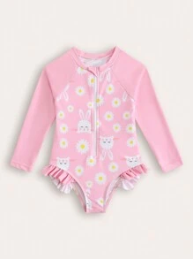 年轻女孩新款时尚连体拼布印花泳衣 - 淺粉色 - 查看 1