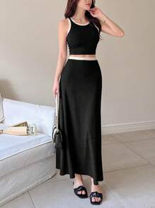 DAZY 2 件套女士优雅裹身吊带背心套装，春夏 - 黑色 - 查看 2