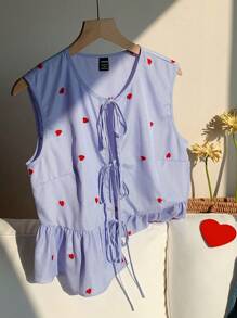 Comfortcana 夏季 Boohoo 女士心形图案前领带蓝色条纹编织衬衫情人节款