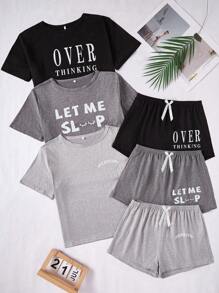 Shein Underwear&Sleepwear Basics 3pcs/Set Plus Size Casual Letter Print Short Sleeve T-Shirt And Shorts Outfits