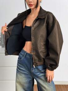 SHEIN EZwear Autumn New Vintage Washed Snowflake PU Leather Jacket - Brown - View 7