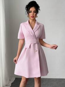 Chiquease 优雅复古风中长直筒连衣裙，适合办公室和通勤 - 粉色 - 查看 1