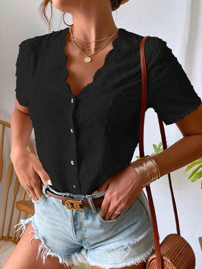 Breezaya Swiss Dot Scallop Trim Top Women Shirt